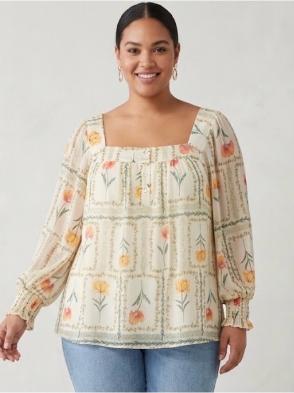 LC Lauren Conrad Cream Floral Square-Neck Blouse 1X